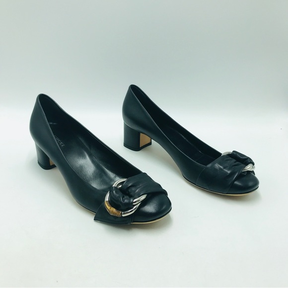 Gucci 39.5 Pump Block Heels Black Leather Bamboo - Picture 1 of 11